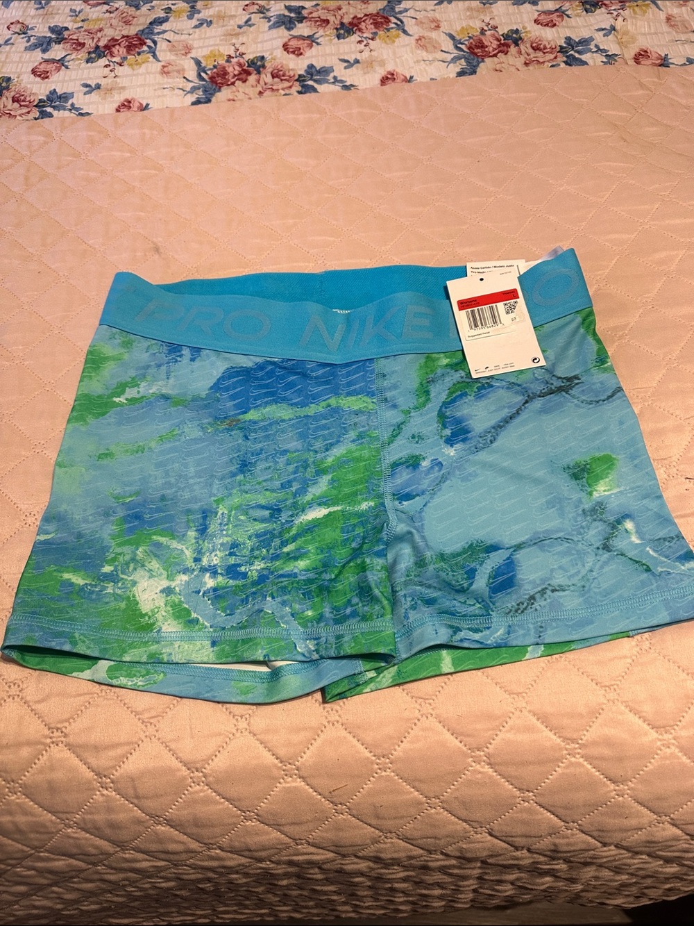 Nike Pro Aqua and Green Marble Performance Shorts
